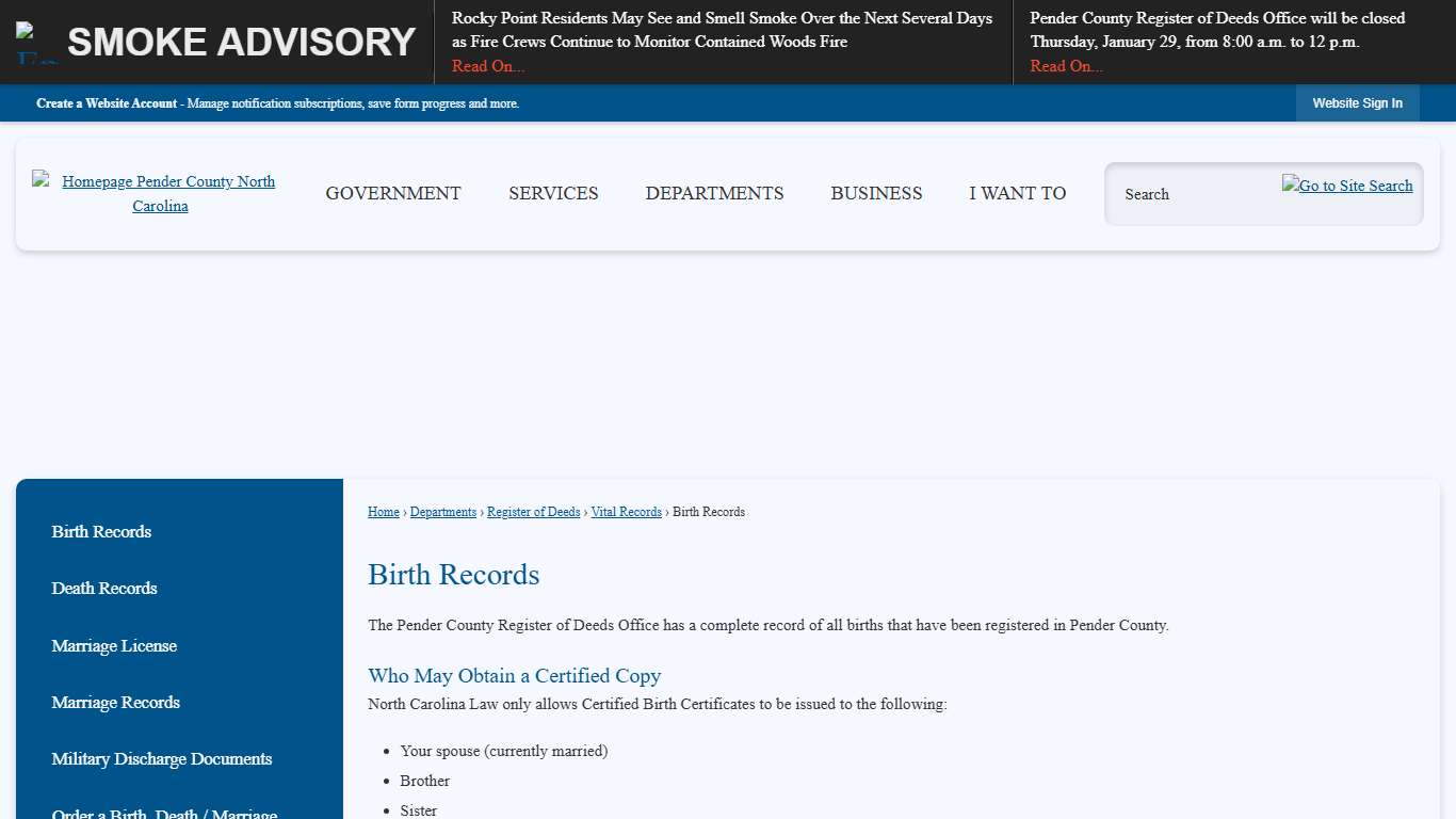 Birth Records Pender County, NC